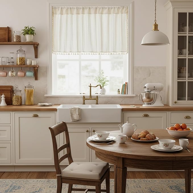 ColorBird Boho Kitchen Cafe Curtains Window Valances Boho Short Curtains & Drapes 36 Inch Length 2 Panels White Light Filtering Embroidered Striped for RV Camper Laundry Room