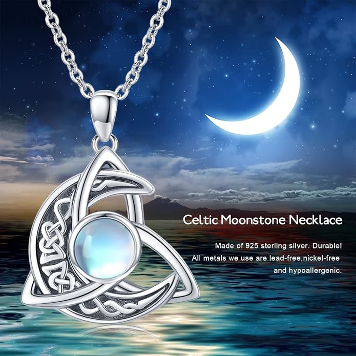 CHENGHONG Celtic Moon Necklace for Women 925 Sterling Silver Celtic Knot Moonstone Pendant Necklace Crescent Irish Necklaces Celtics Jewelry Gift for Women Men