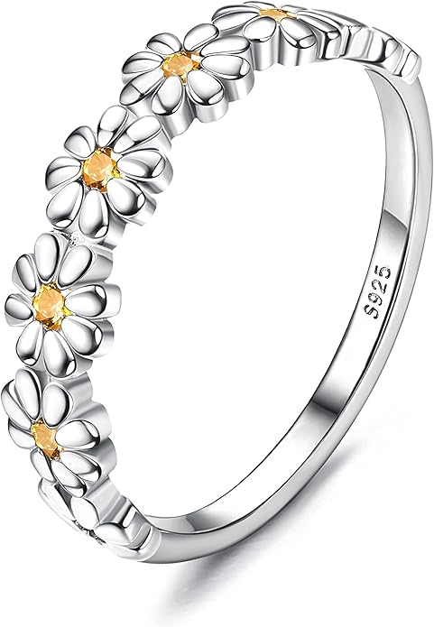 MILACOLATO 925 Sterling Silver Ring for Women, 18K Gold Plated Cubic Zirconia Daisy Flower Promise Rings for Her, Sunflower Stacking Statement Wedding Band Ring Size 5-11 (Anniversary/Valentine's/Mothers Day Jewelry Gifts)