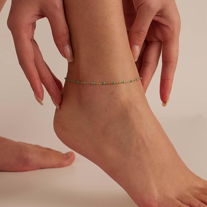 Dainty Ankle Bracelets for Women 18K Gold Plated Satellite Beaded Herringbone Lip Chain Anklets Simple Minimalist Summer Beach Foot Jewelry Christmas Gifts