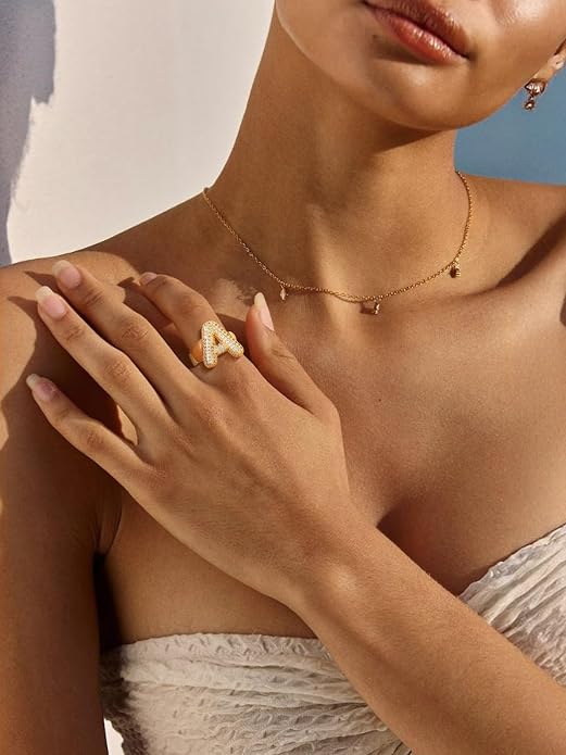 FindChic Initial Ring for Women, Gold Plated Chunky Letter Rings Open Adjustable Trendy Sparkling Cubic Zirconia Personalized Statement Rings Jewelry Gift