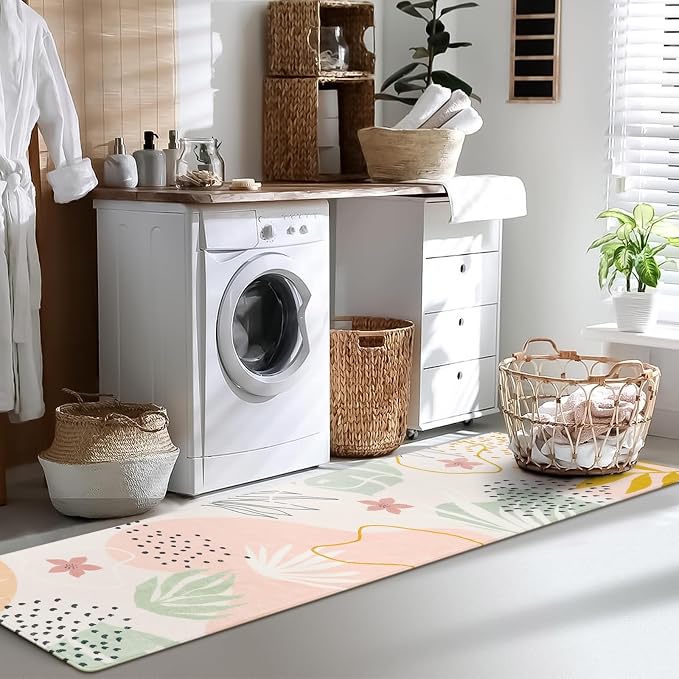 Lahome Washable Rug 2x8 - Hallway Kitchen Bathroom Carpet Runner, Lightweight Pink Botanical Print Laundry Non Slip Throw Rug, Bedroom Entryway 8ft