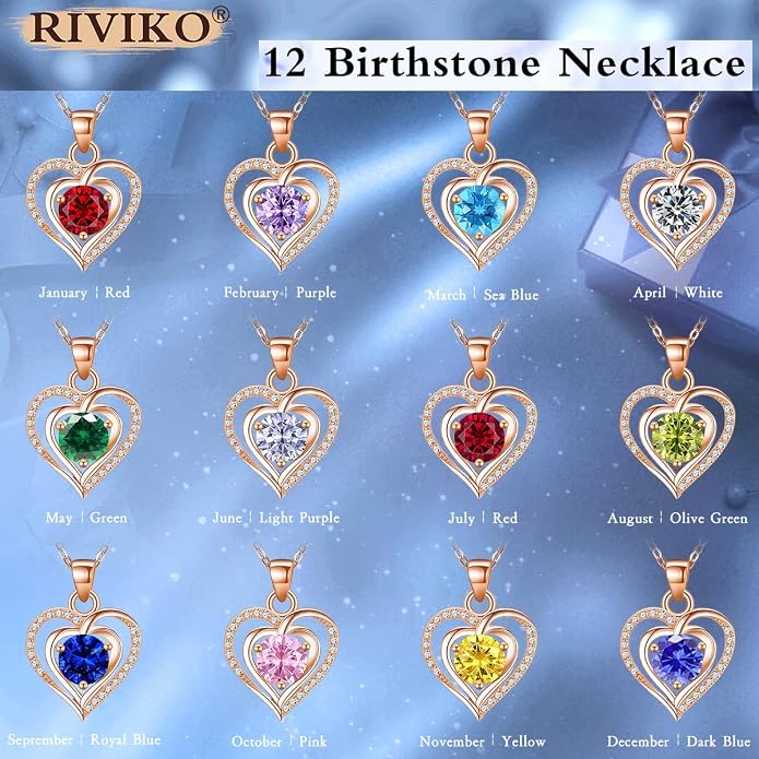RIVIKO Heart Birthstone Pendant Necklace for Women 925 Sterling Silver Zirconia Necklaces Valentine's Day Anniversary Birthday Mothers Day Jewelry Gifts For Her Mother Wife