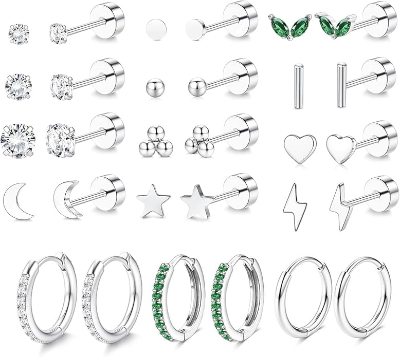 Stainless Steel Stud Earrings Set for Women Hypoallergenic Flat Back Cartilage Earrings Screw Back Huggie Hoop Earrings Multiple Piercing Cubic Zirconia Helix Tragus Jewelry