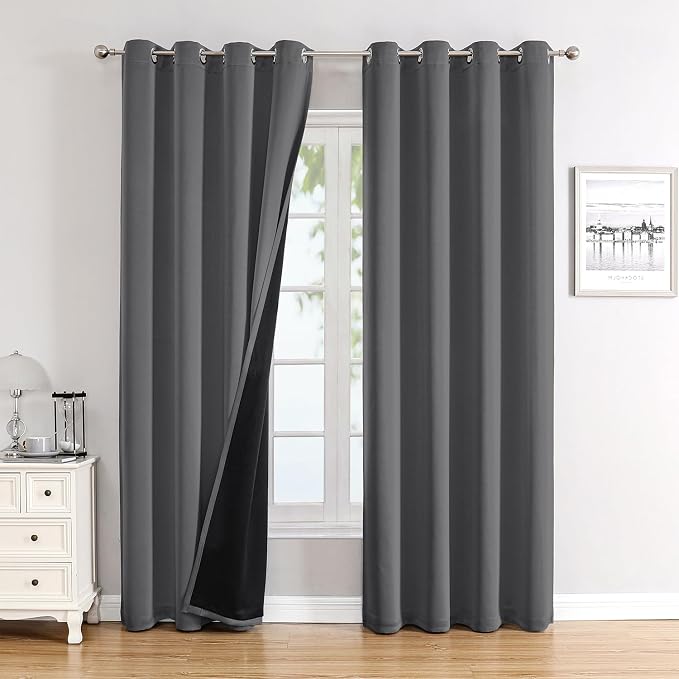ChrisDowa 100% Blackout Curtains for Bedroom 108 Inches Long 2 Panels Set | 2 Thick Layers, Thermal Insulated, Light Blocking for Living Room, Grommet, Long Window Drapes, Grey, 52 x 108 Inch