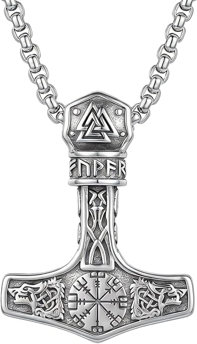 Thors Hammer Necklace 18K White Gold Plated Viking Mjolnir Necklace Oxidize Norse Runes Amulet Jewelry gifts for Women Mom