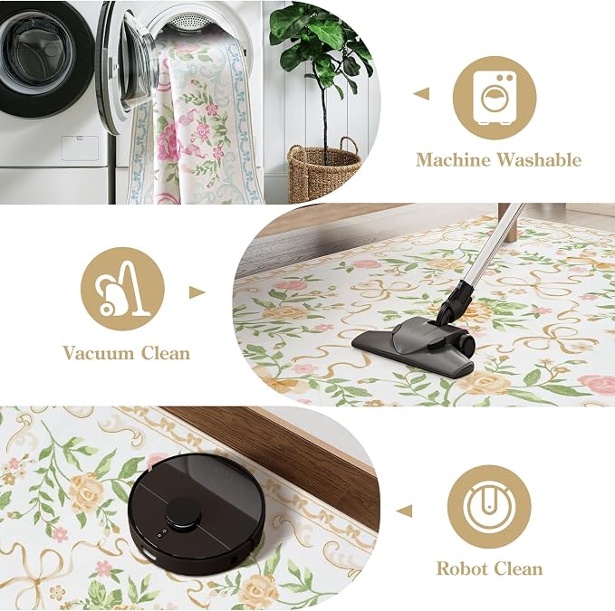 Collive Floral Rugs for Girls, 5x7 Boho Gold Bow Washable Area Rug for Living Room, Cute Ultra-Thin Non Slip Indoor Decor Carpet for Nursery Kids Room Bedroom Playroom
