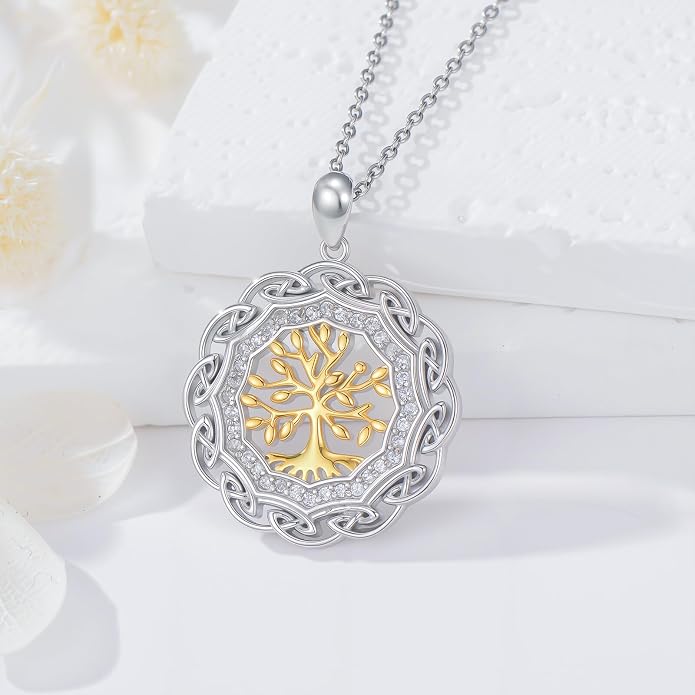 Sterling Silver Birthstone Celtic Tree of Life Necklace, 18K Gold Plated Colored Gemstone Tree of Life Pendant Two-Tone Necklaces Jewelry Birthday Gifts for Women 18" - 20"