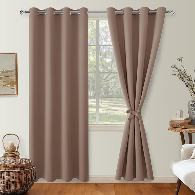 Hiasan Blackout Curtains for Bedroom, 52 x 84 Inches Long - Thermal Insulated & Light Blocking Window Curtains for Living Room, 2 Drape Panels Sewn with Tiebacks, Cappuccino