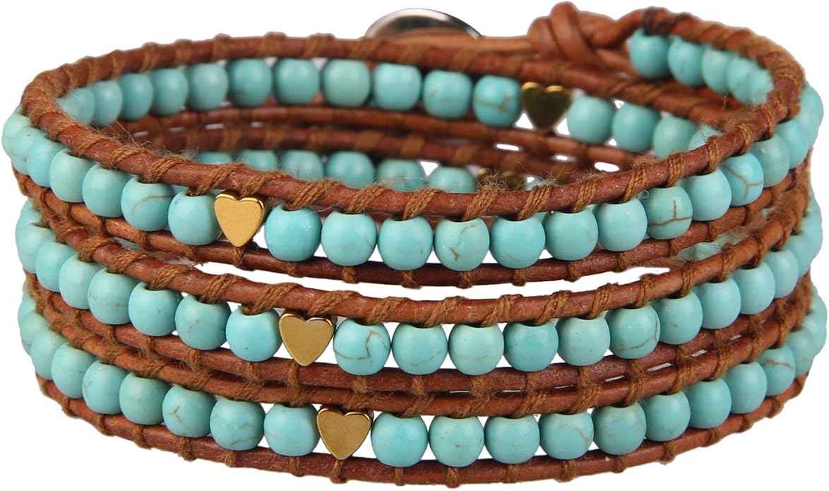 KELITCH Turquoise Beads Bracelets Leather 3 Wrap Bracelet Handmade Women Heart Jewelry