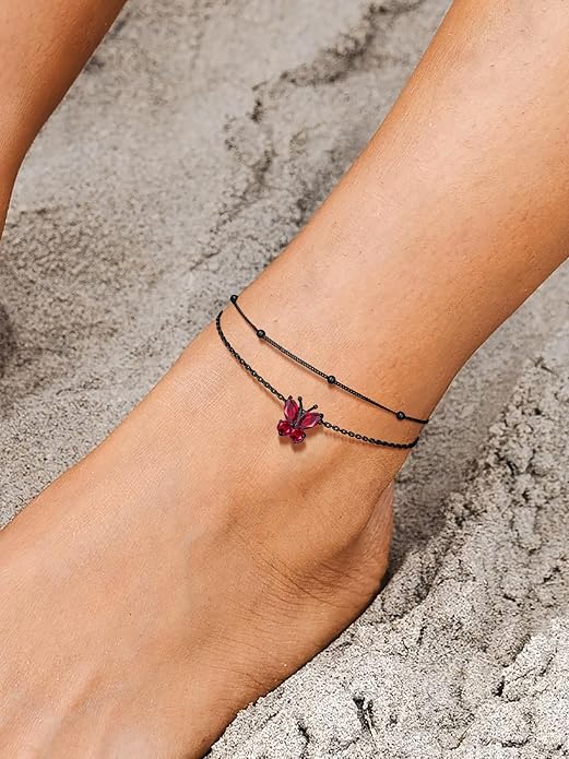Richsteel Double Layer Heart/Butterfly Birthstone Anklet for Women Non Tarnish Waterproof, Silver/Gold/Black Stainless Steel 8.5-10.5 Inch Adjustable Chain Anklets Jewelry Gifts for Her