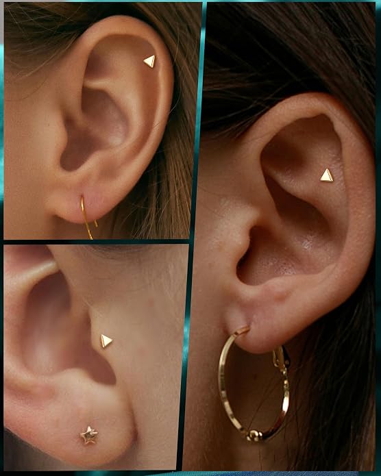 COCHARM 14K Real Gold Helix Tragus Cartilage Piercing Jewelry-Titanium Post-Threadless Tragus Conch Cartilage Earring Stud Flat Back 16g Labret Stud 6mm, 8mm Push Pin Triangle Medusa Jewelry