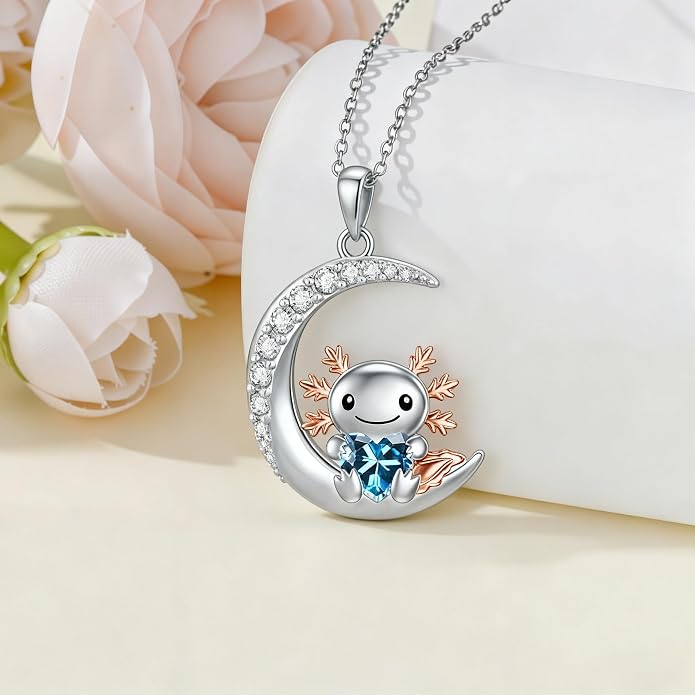 PROESS Animal Birthstone Necklace 925 Sterling Silver Otter/Axolotl/Hippo/Elephant/Dachshund/Monkey/Red Panda Pendant Necklace Animal Birthstone Jewelry Gifts for Women