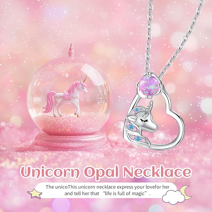 CDE Christmas Gift for women Cute Unicorn Birthstone Necklace for Girls Daughter 925 Sterling Silver Opal Heart Pendant Graduation Birthday Christmas Jewelry Gift for Teenage Girls Niece