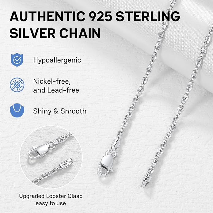1.5MM 2MM Rope Chains 925 Sterling Silver Chain Necklace for Women, Sturdy Silver Chain for Women, Women's Chains Necklace, 16 18 20 22 24 26 Inch
