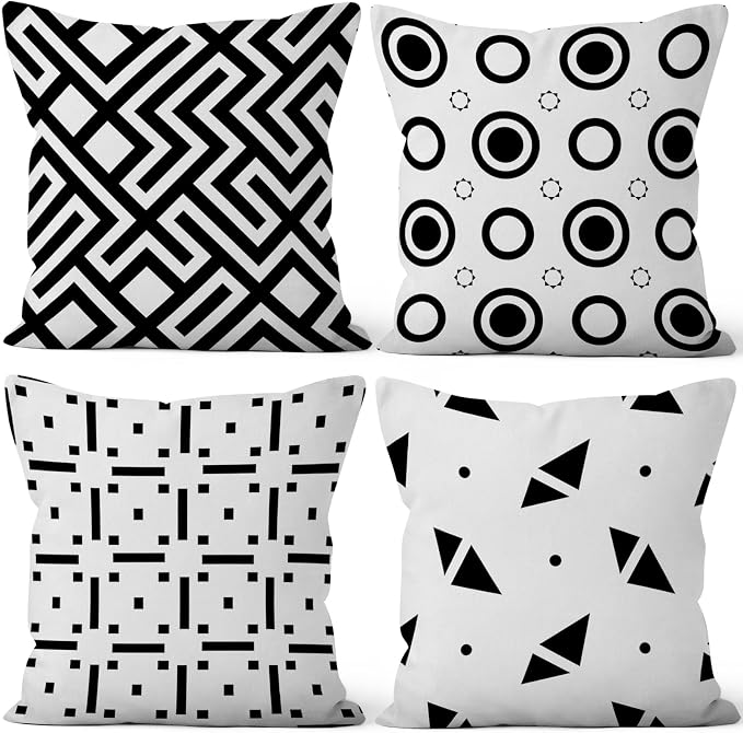 Black White Geometric Throw Pillow Cover 16"x16" Set of 4, Modern Minimalist Abstract Irregular Pattern Cushion Cover for Sofa Chair Couch Bed Office Patio Farmhouse Indoor Outdoor