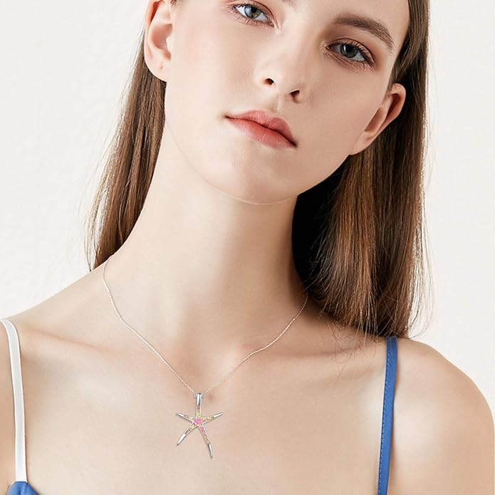 Cuoka Starfish Necklace, 925 Sterling Silver with Opal, Hawaiian Beach Nautical Ocean Pendant, Starfish Jewelry Opal Jewelry Valentine for Women Girlfriend