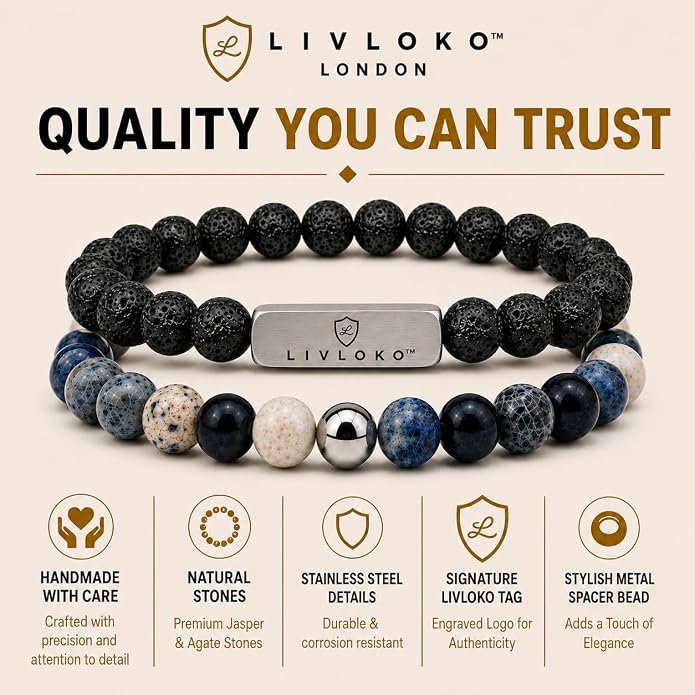 LONDON Mens Bracelet Leather Black Multi-Layer Stone Beads Adjustable Steel Clasp Viking Rope Bands Surfer Man Wristband Male UK Jewellery Gift box Boyfriend Dad Son Brother Tiger Eye