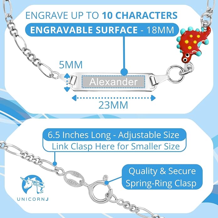 UNICORNJ 925 Italy Sterling Silver Child or Baby Name Bracelet Girls Boys, Personalized Engraved Kids ID Bracelets, 6.5" Figaro Chain, Enamel Charm Newborn Infant Toddler Kid Jewelry