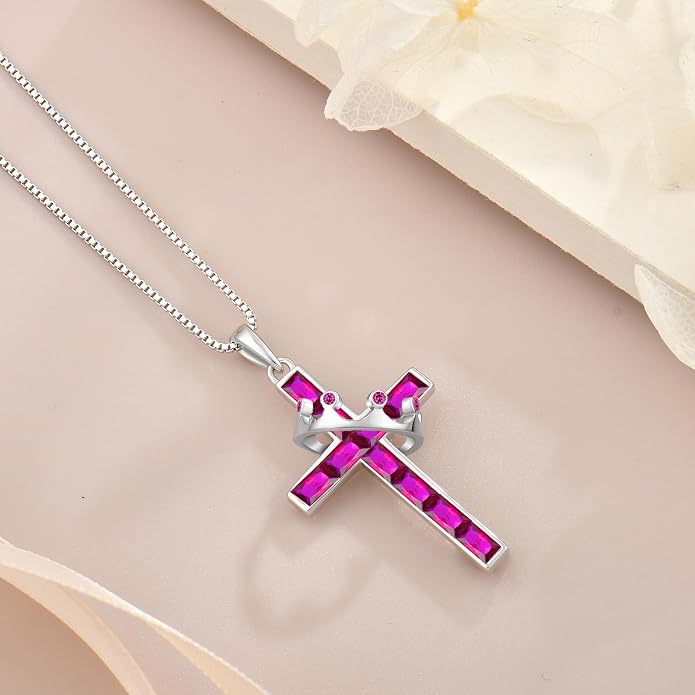Gemstone Crown Cross Necklaces for Women, 925 Sterling Silver Rectangular cut Zircon Pendant With Rotated Crown Faith Cross Jewelry Gift