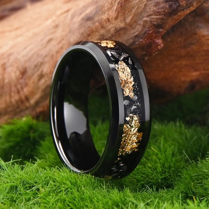 Black Tungsten Carbide Rings for Men Women 8mm/6mm Men's Wedding bands Inlaid with Gold Foil Meteorite Fragments, High Polishing and Comfortable fit