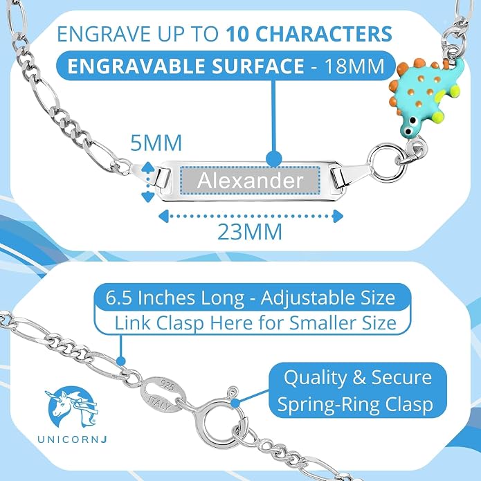 UNICORNJ 925 Italy Sterling Silver Child or Baby Name Bracelet Girls Boys, Personalized Engraved Kids ID Bracelets, 6.5" Figaro Chain, Enamel Charm Newborn Infant Toddler Kid Jewelry