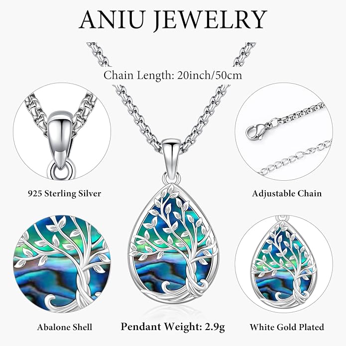 Aniu Tree of Life Necklace for Women, 925 Sterling Silver Mother of Pearl Family Palm Tree Charm Pendant Jewelry for Birthday Christmas Gift