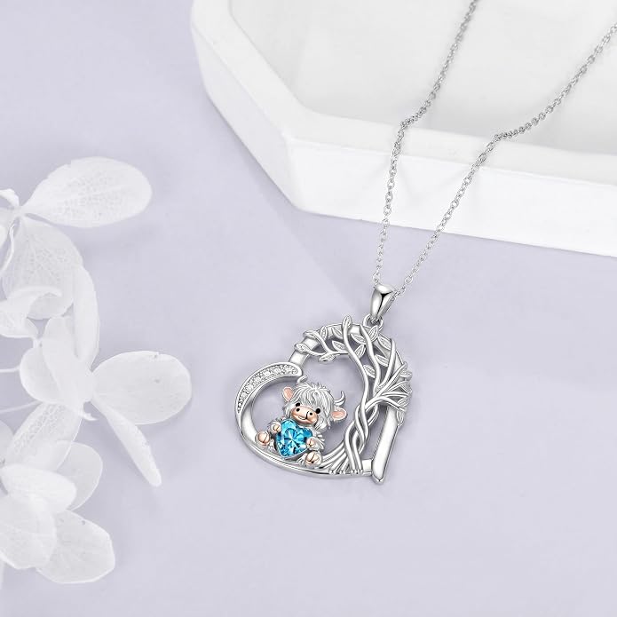PELOVNY Teddy Bear Necklace for Women 925 Sterling Silver Bear/Highland Cow/Fox/Cat/Axolotl Birthstone Necklace Christmas Birthday Jewelry Gifts for Mom Daughter Wife Sister