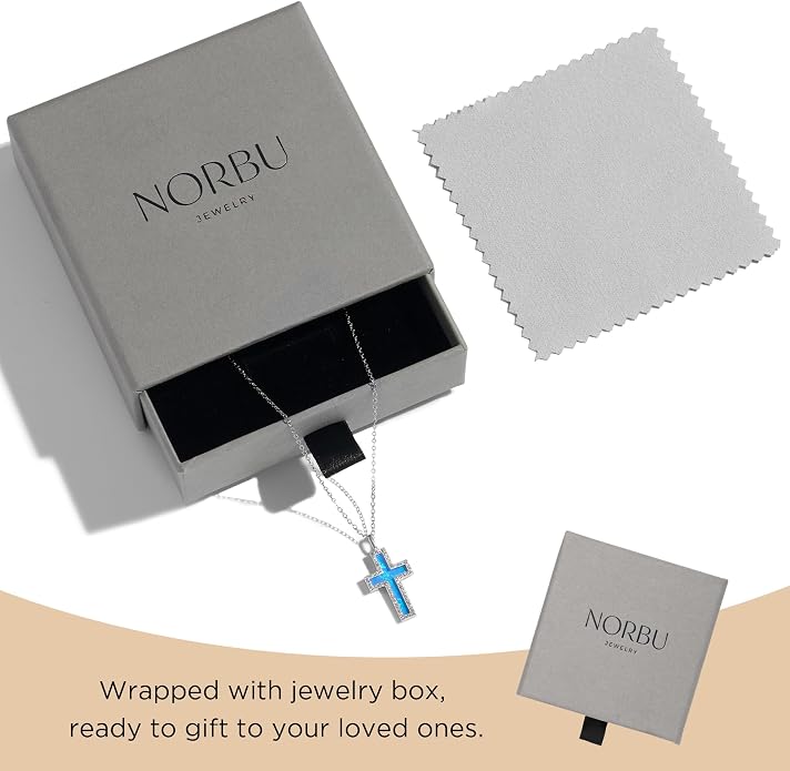 NORBU S925 Opal Cross Necklace for Women, Sterling Silver Opal Gemstone Womens Cross Necklaces, Cross Pendant with 5A Cubic Zirconia, Women's October Birthstone Jewelry Gifts for Birthday, Anniversary, Christmas