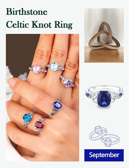 925 Sterling Silver Birthstone Rings for Women Cushion Cut Engagement Celtic Knot Ring Irish Jewelry Created Gemstone Anniversary Rings Size 6-10(with Box)