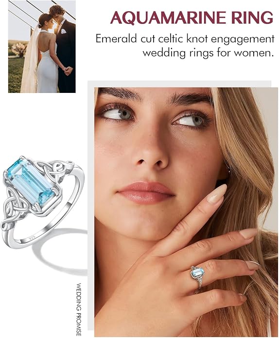 DAYBYDAY Celtic Birthstone Rings for Women, 925 Sterling Silver/18K Gold Plated Emerald Cut Celtic Knot Engagement Wedding Ring, Square Created Gemstone Promise Rings for Her Size 6-10
