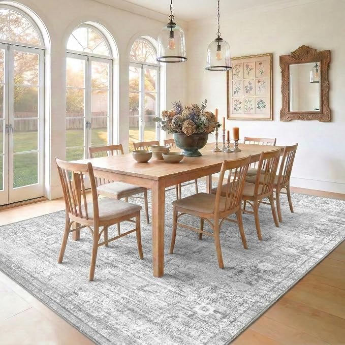 Homemate Washable Rug 9x12 Area Rugs - Vintage Faux Wool Rugs for Living Room Bedroom Dining Room - Non Slip Foldable Carpet Indoor Area Rug for Home Decor（9'x12', Grey