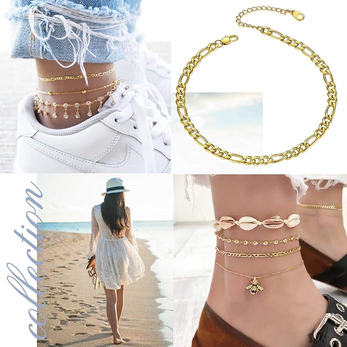 GoldChic Adjustbale Link Chain Anklet for Women Summer Jewelry, 316L Stainless Steel Figaro/Wheat/Twist Rope/Cuban Foot Bracelet-Waterproof, Resizable 9"-12" (Gift Box Included)