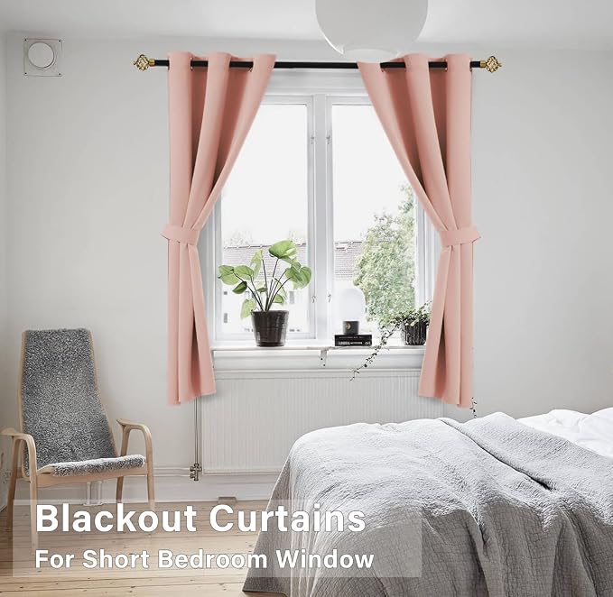 Coral Pink Loft Bed Curtains 45 Inch Length for Girls Room Bottom Dorm 2 Panel Grommet Insulated Thermal Light Blocking Blackout Short Curtains for Bedroom Kid Baby Nursery Small Bathroom Window,Blush