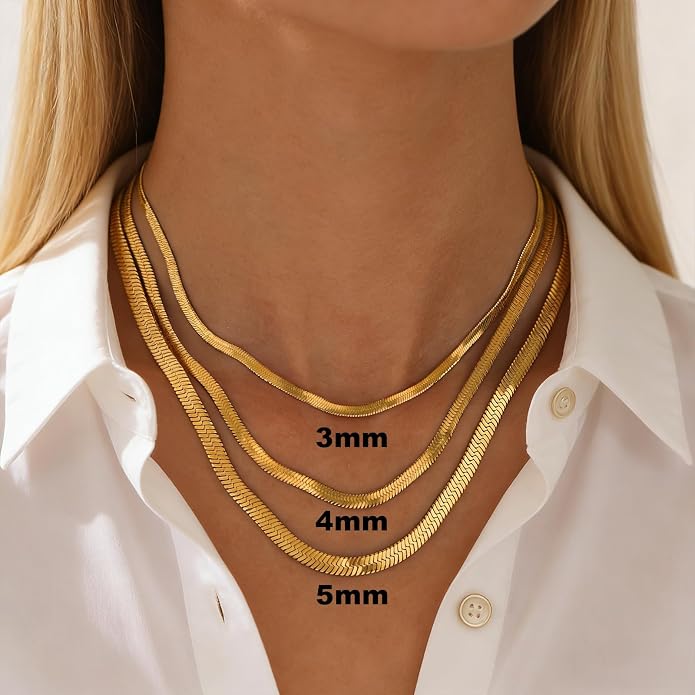 Gold Herringbone Necklace For Women - Rope Chork,Flat Snake Chain Necklaces in 18K Gold & White Gold Plated Tone - Simple Daily Jewelry-Tarnish Free-16-18in