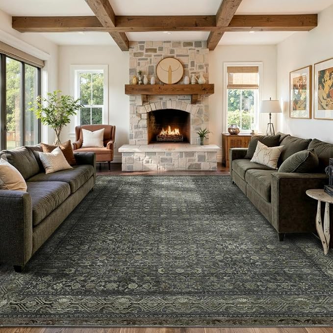 9x12 Washable Area Rug for Living Room, Extra Large,Green Vintage Floral Boho Rugs for Dining Room, Farmhouse, Durable Low Pile Non Slip Carpet for High Traffic Areas, Moss Brown