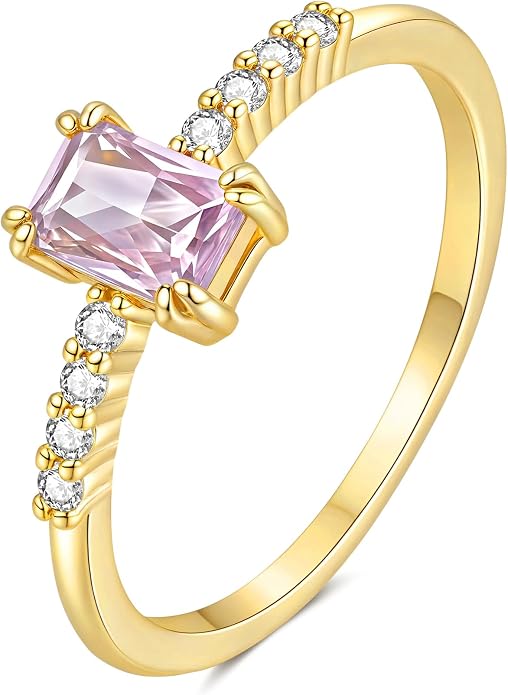 YeGieonr Birthstone Stackable Rings for Women Dainty Gold Rings with Baguette Cubic Zirconia, Non Tarnish Thin Band Ring, 14k Gold Plated Pinky Rings Jewelry Gift