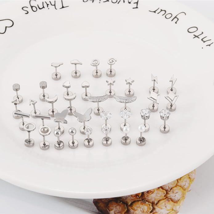 MJust 18 Pairs Women‘s Hypoallergenic Flat Back Stud Earrings, 20g Stainless Steel Earrings Sets for Men, Tiny Unisex Screw Back Cartilage Earrings.