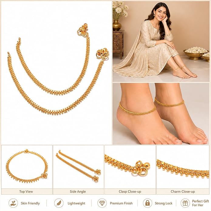 Jewar Anklet Payal Indian Traditional CZ Ad Plain Simple Handmade Natural Gold Plated Jewelry