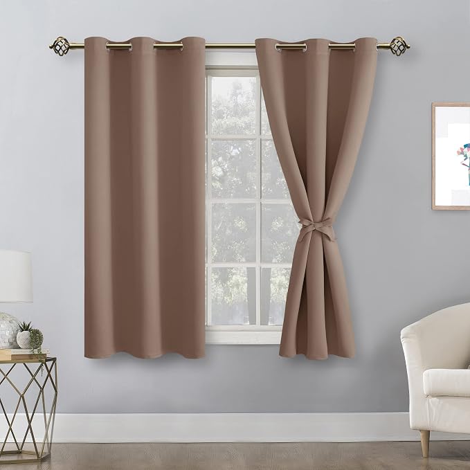 Hiasan Short Blackout Curtains for Bedroom - Thermal Insulated & Light Blocking Window Curtains for Living Room, 2 Drape Panels Sewn with Tiebacks, Cappuccino, 42 x 45 Inch