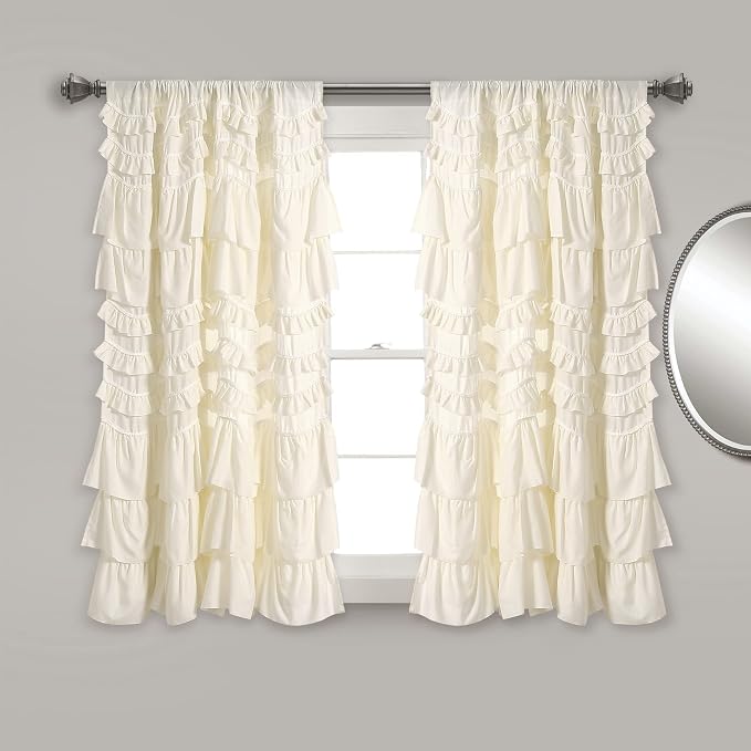 Lush Decor Kemmy Light Filtering Window Curtain Panel Single 52" W x 63" L Ivory - Drapes - Ruffled Curtains for Bedroom - Cream Curtains - Coquette Decor