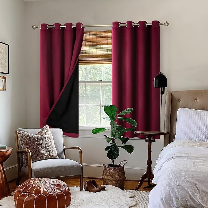 BGment Short 100% Blackout Curtains for Bedroom, Thermal Insulated Lined Energy Efficiency Noise Reducing Grommet Curtains 54 Inch Length for Small Window 2 Panels Each 52 Inch Wide, Burgundy Red