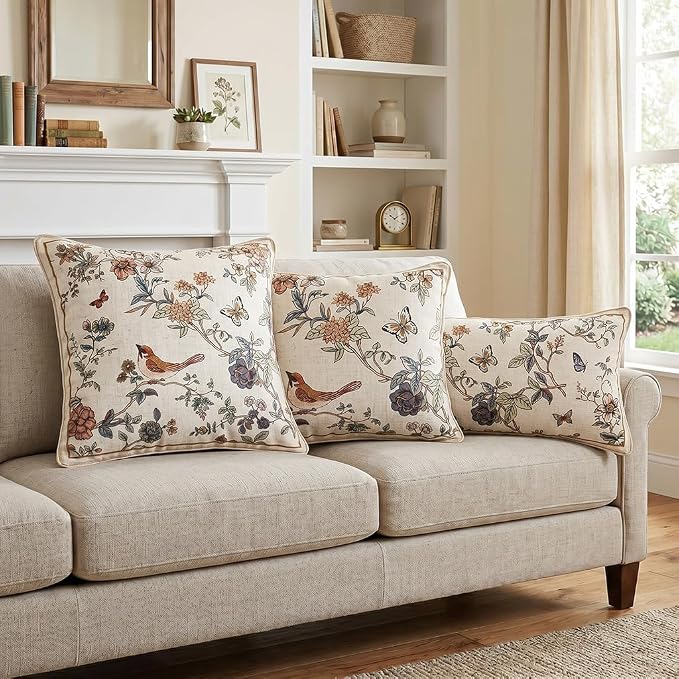 ISAENNE Designer Vintage Linen Throw Pillow Cover,18"x18"-Cornucopia A | Elegant French Square Pillow Cover,Concealed Zipper,Floral and Bird Pattern,Sofas,Bedroom,Living Room,Lounge Chairs