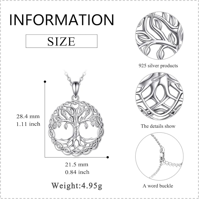 VONALA Tree of Life Necklace 925 Sterling Silver Filigree Pendant Tree Necklace Celtic Knot Family Tree Jewelry Birthday Christmas Gifts for Mom Wife Her