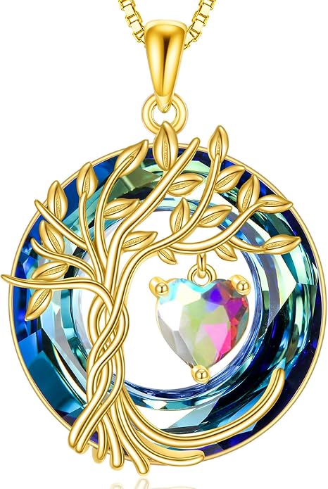POPLYKE Mothers Day Gifts for Mom Her Wife Tree of Life Necklace 925 Sterling Silver Birthstone Pendant with Crystal Anniversary Birthday Wedding Jewelry for Women