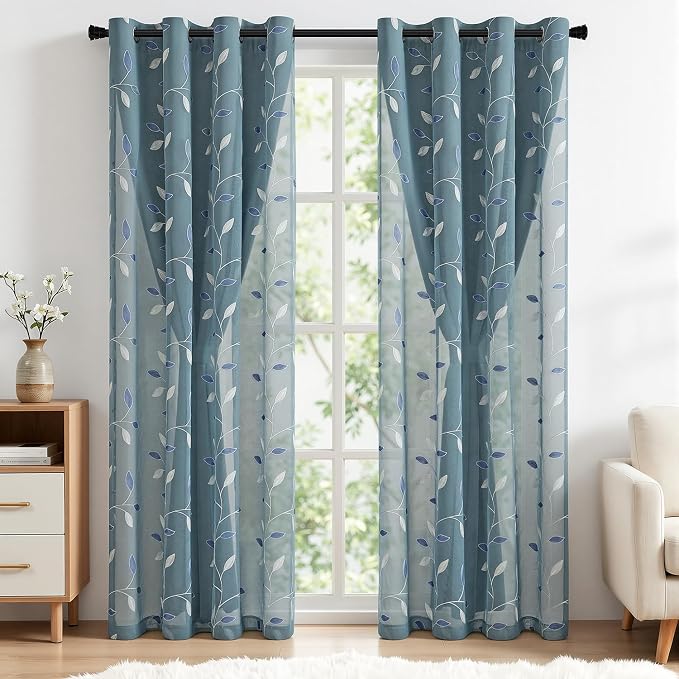 MIULEE Dusty Blue Double Layer Curtains 96 Inches Long, Leaf Patterned Sheer Floral Drapes and Blackout Room Darkening Window Curtains for Living Room Bedroom, Grommets Top, 52" W x 96" L, 2 Panels