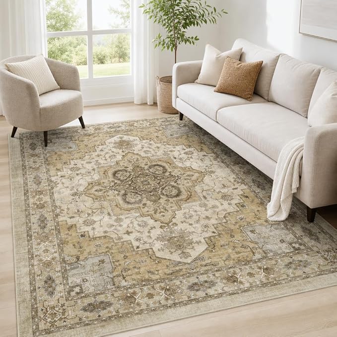 AMADA HOMEFURNISHING 9x12 Area Rug for Living Room,Vintage Washable Area Rug Low-Pile & Non-Slip Carpet for Bedroom Dining Room Nursery Home Office, Beige/Cream