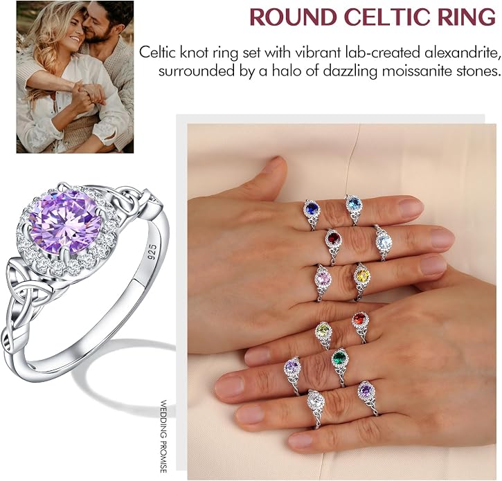 DAYBYDAY Celtic Birthstone Rings for Women 925 Sterling Silver Heart/Round/Pear/Oval Created Gemstone Moissanite Halo Engagement Promise Rings for Her Wife Birthday Anniversary Wedding Jewelry