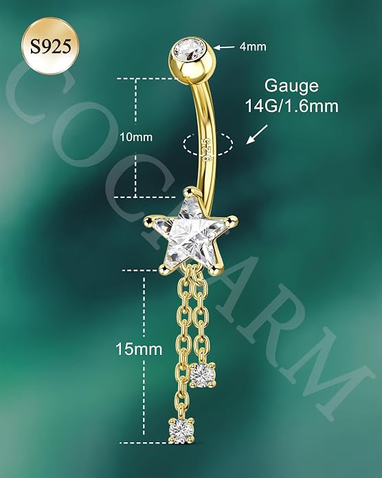 Cocharm 14K Gold Plated Belly Button Rings - 14G 925 Sterling Silver Navel Rings for Women - Dangle Belly Piercing Jewelry