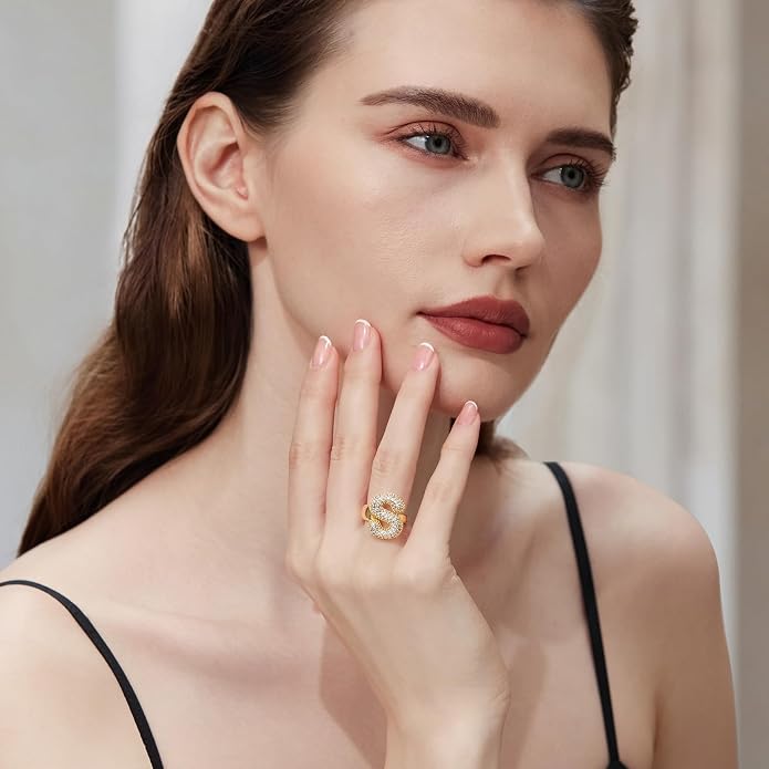 Cicy Bell Initial Rings for Women 14k Gold Plated Cubic Zirconia Delicate Letter Chunky Statement Open Rings Gifts for Her